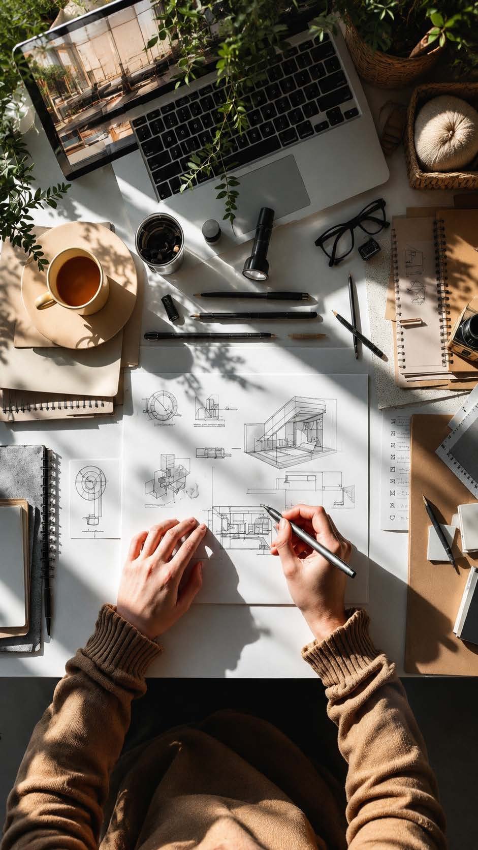 Overhead workspace with blueprints, laptop and sketching hands — MCC design process
