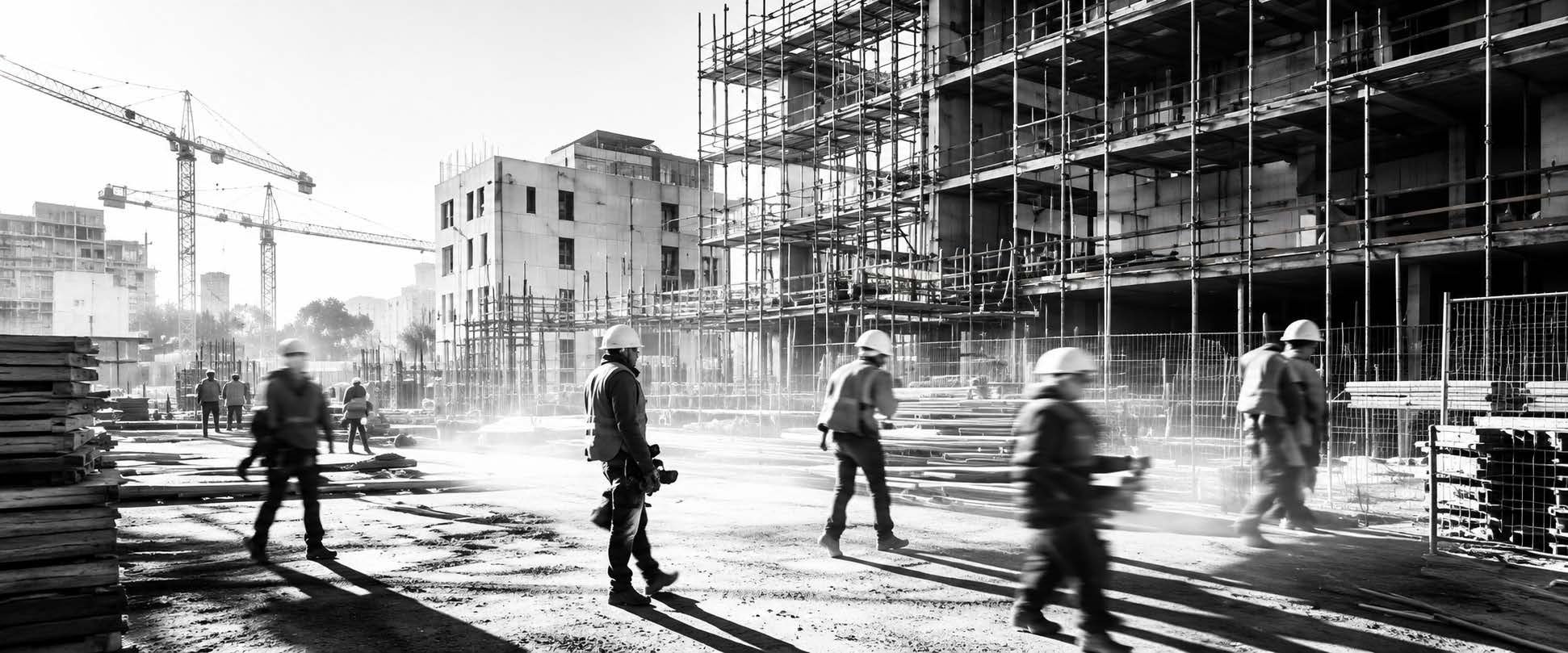Black and white photograph of construction workers walking an active site