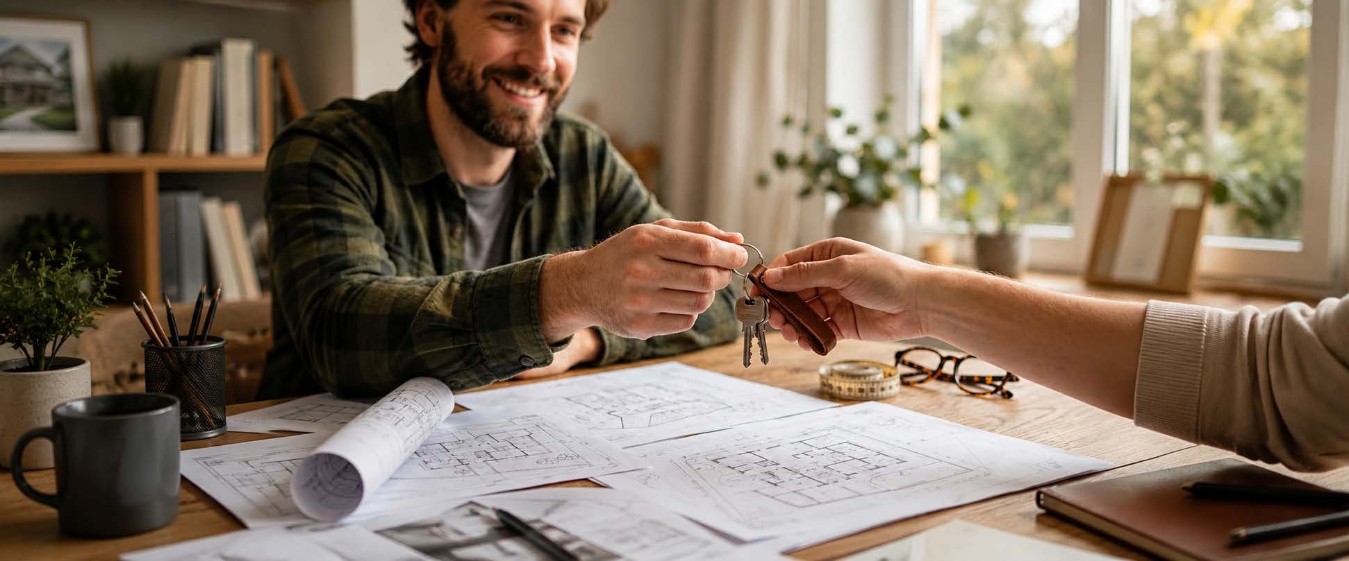 Hands passing a rolled blueprint across a desk during a project handover