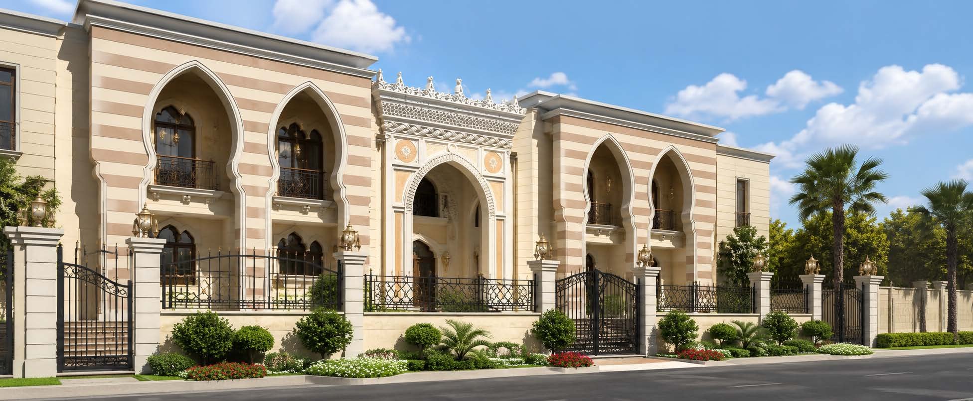 Jadriah Restaurant palace-style arched exterior under a blue sky, Baghdad